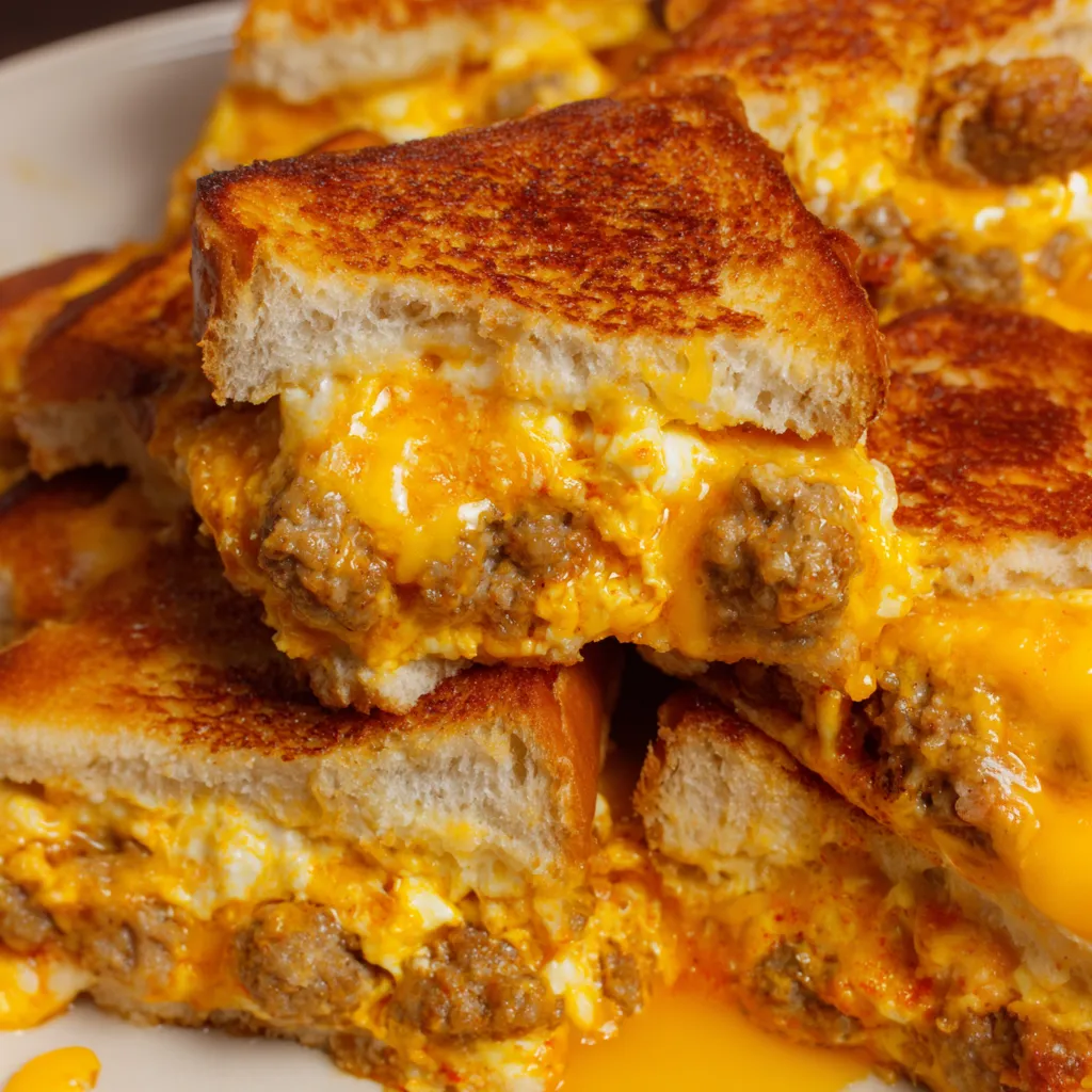 A cheesy bake with sausage and eggs.