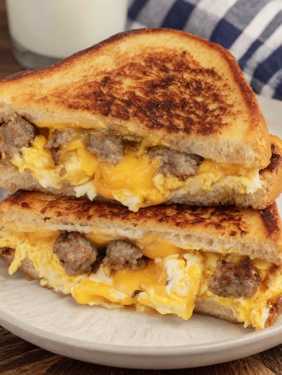 A grilled cheese sandwich with sausage and egg.