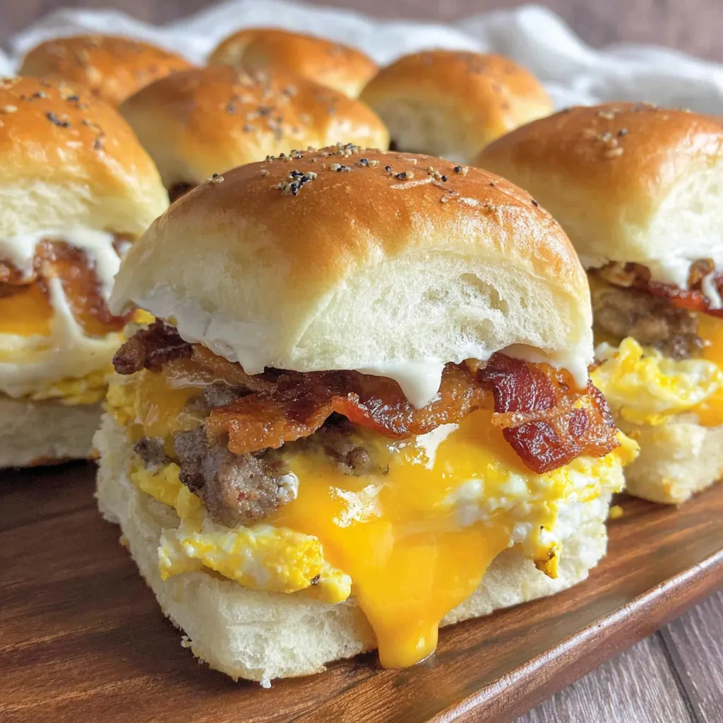 Sliders with bacon and eggs on rolls.