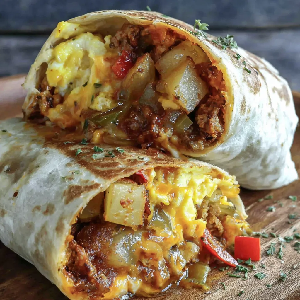 A plated breakfast burrito loaded with chorizo, scrambled eggs, and veggies.