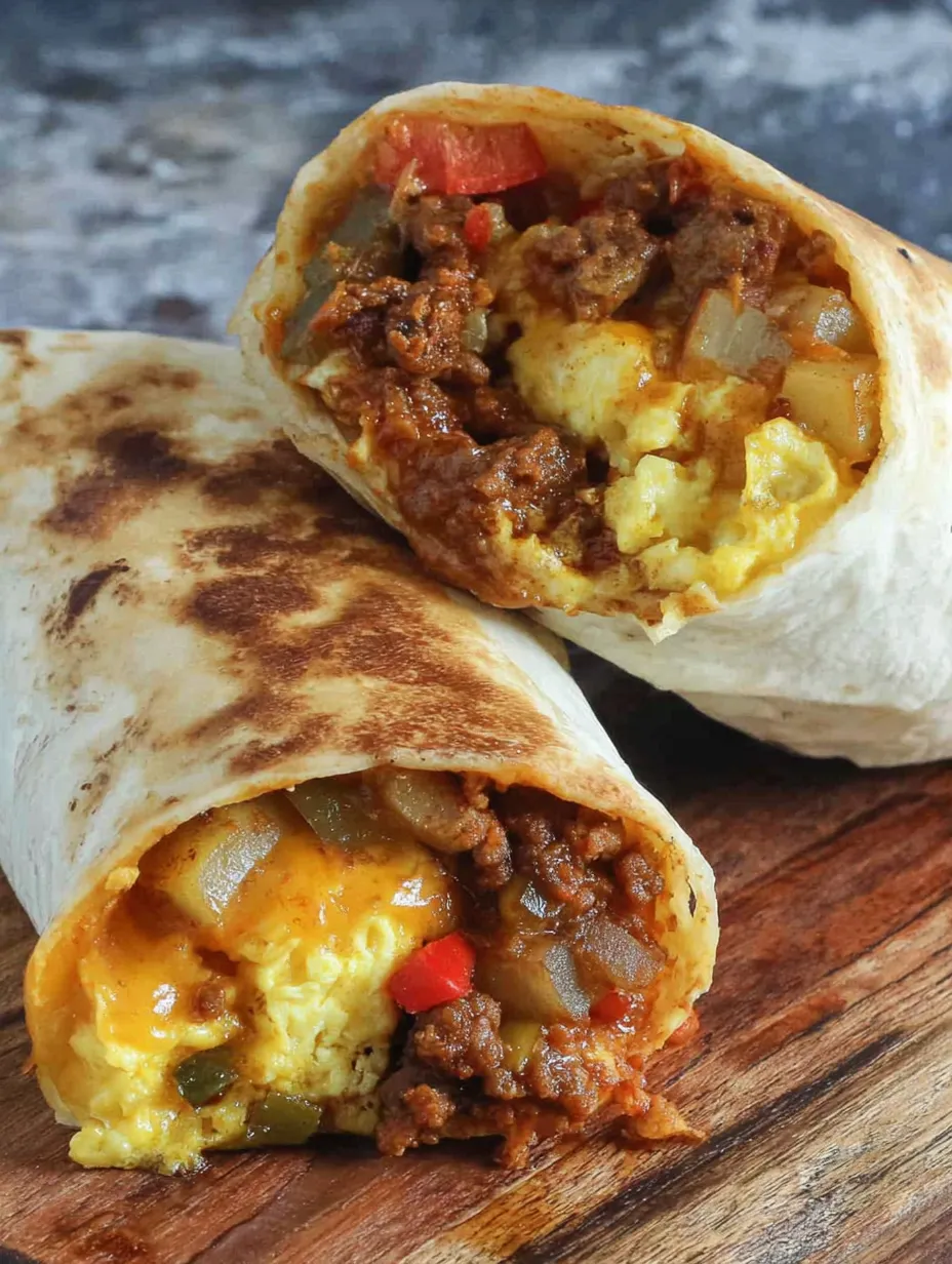 A chorizo breakfast burrito loaded with eggs and tomatoes.