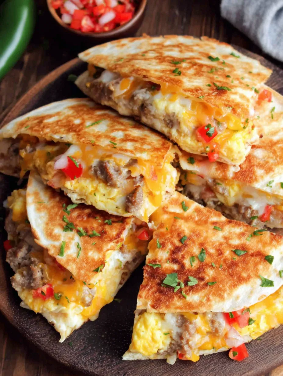 Quesadilla with gooey eggs and meat, cut into wedges.