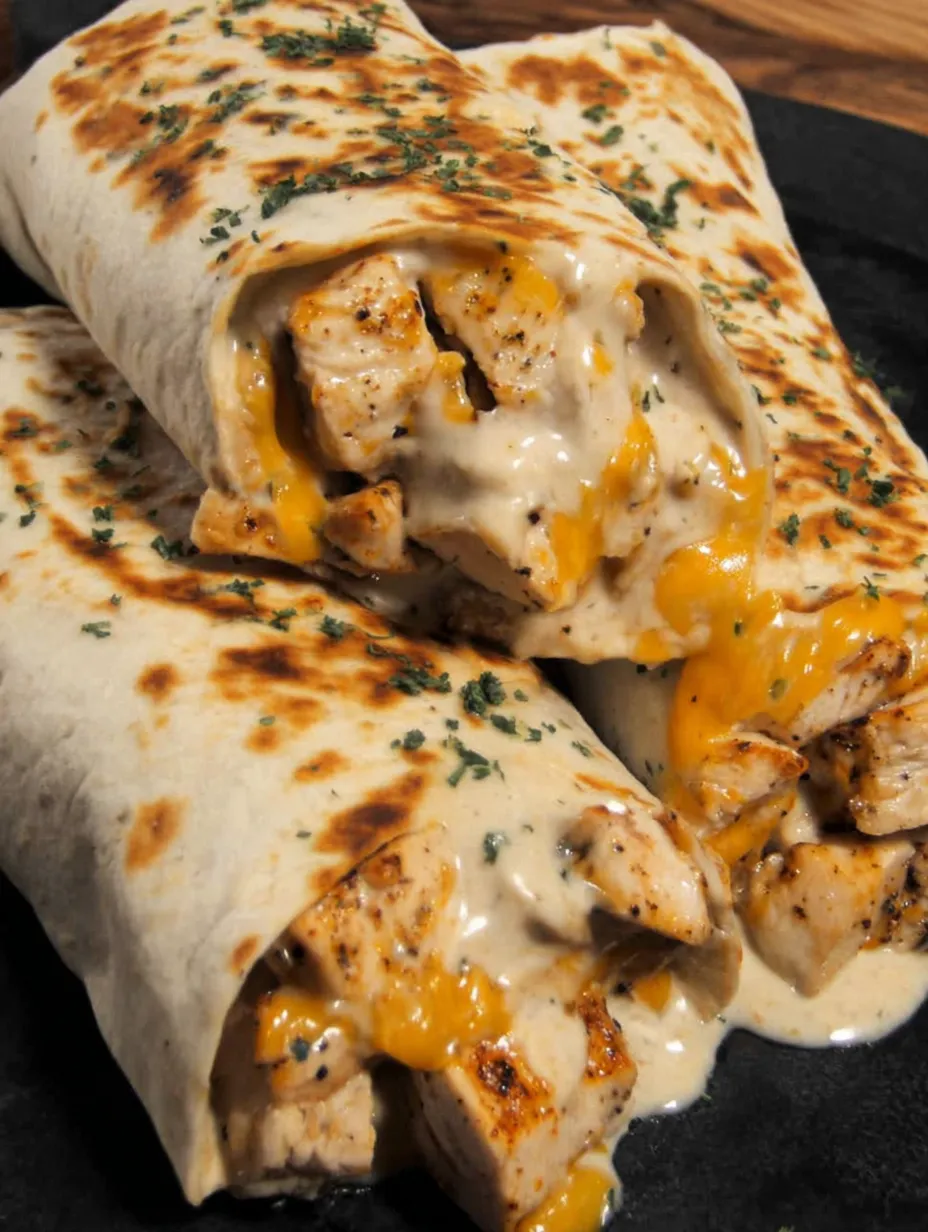 Two wraps packed with gooey garlic chicken and cheese.