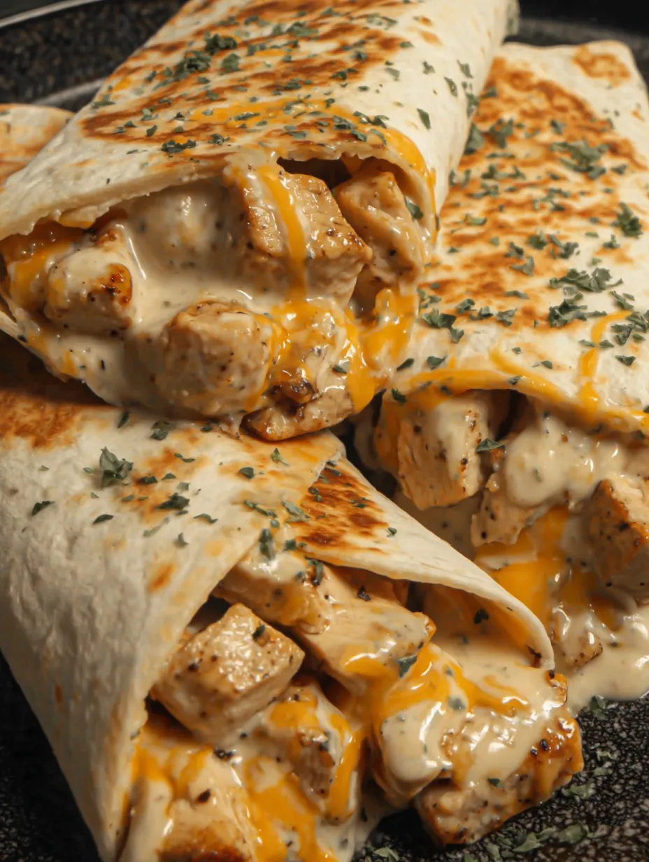 A plate stacked with cheesy garlic chicken wraps.