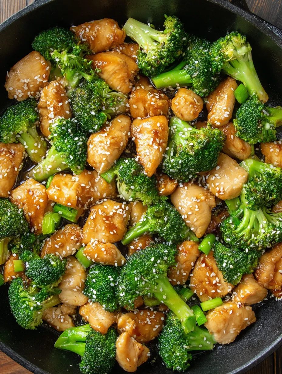 A bowl packed with saucy chicken and bright broccoli, topped with sesame seeds.