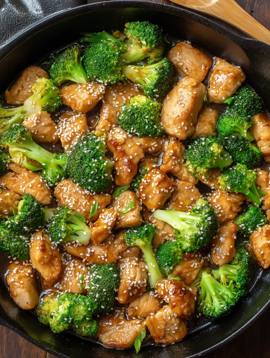 Chicken and broccoli cooked together in a skillet, scattered with sesame seeds.