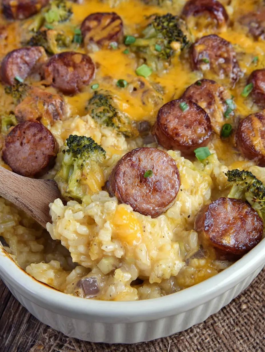 Big scoop of sausage, cheese, broccoli casserole with rice showing.