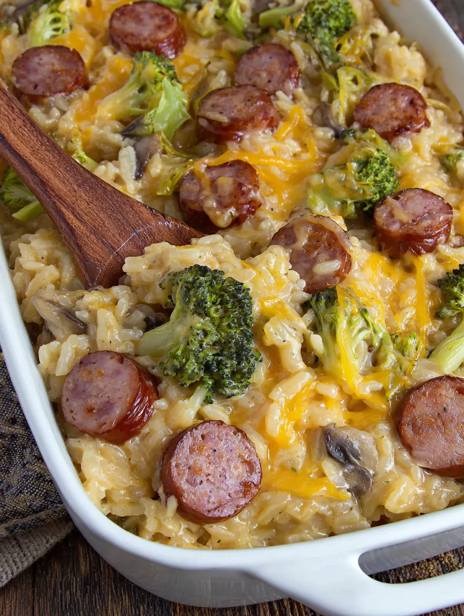 A bubbly sausage and cheese casserole with greens and sausage rounds.