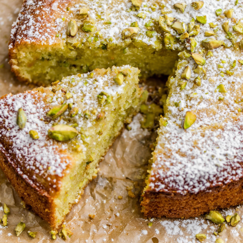 A slice of pistachio gooey butter cake.
