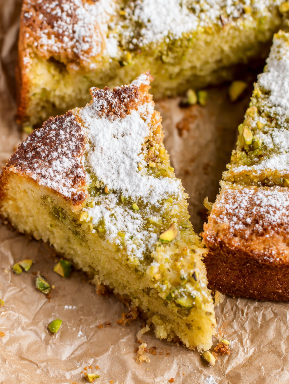 A slice of cake with white powder on it.