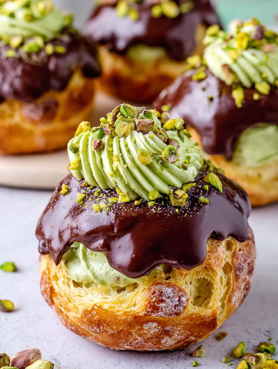 A chocolate covered pastry with a green topping.