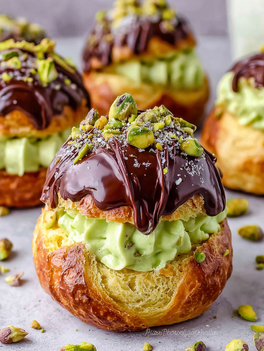 A chocolate covered pastry with pistachio nuts.