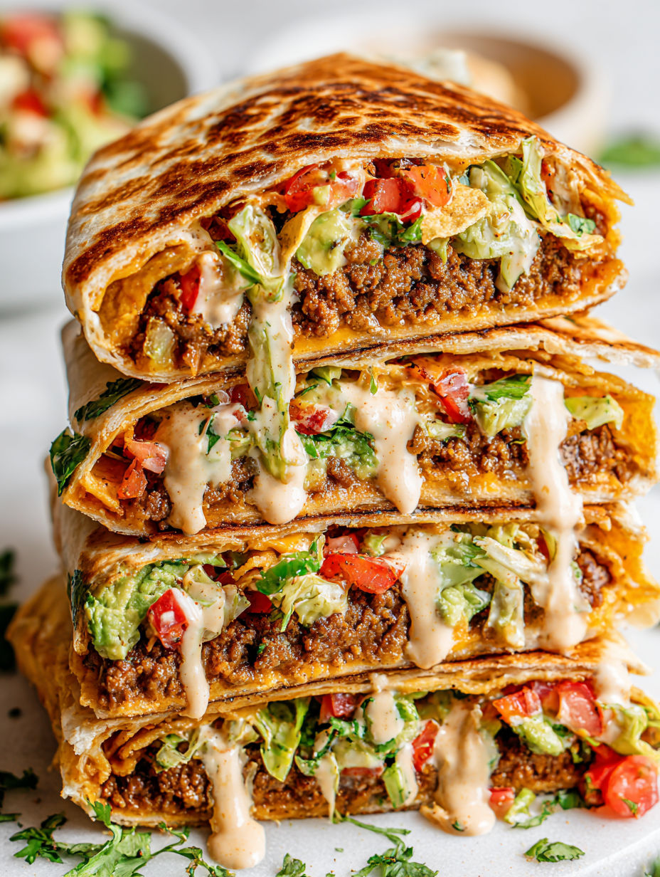 A stack of vegan crunchwrap supreme.