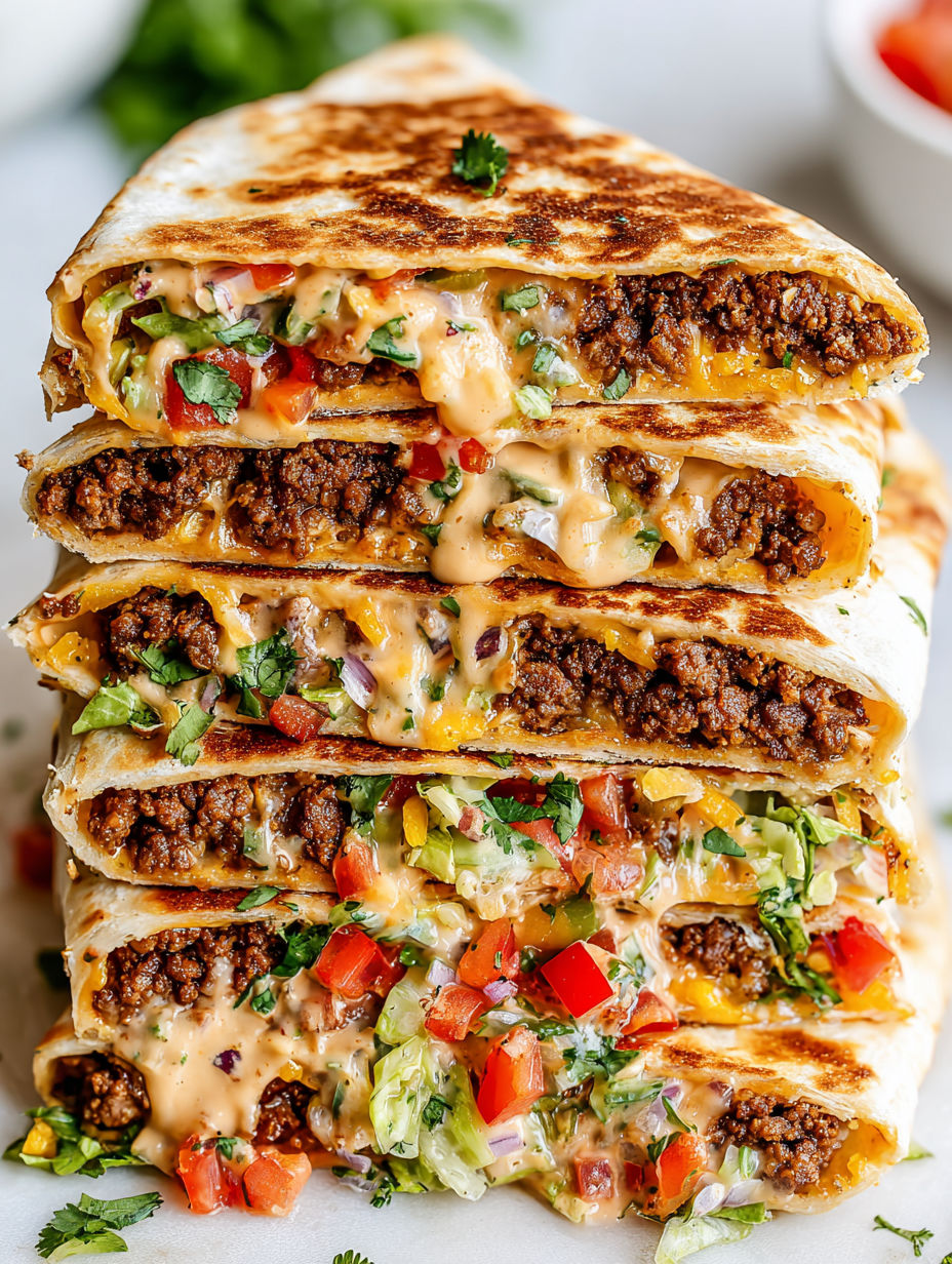 A stack of vegan crunchwrap supreme sandwiches.