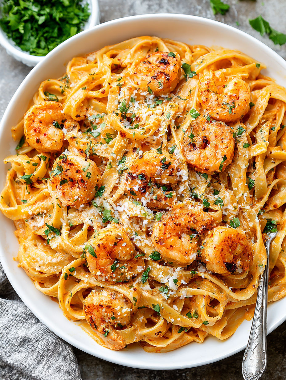 A bowl of pasta with shrimp and cheese.