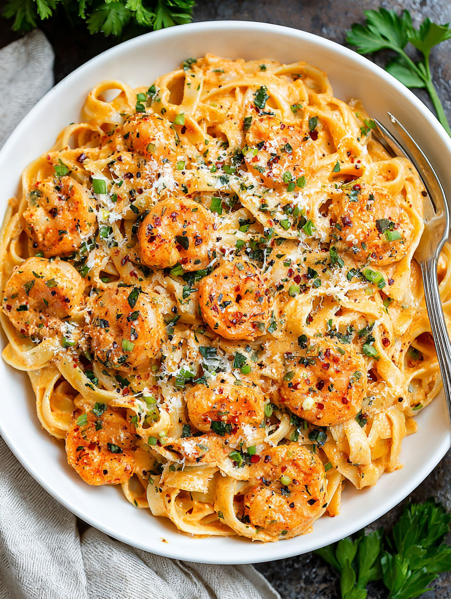 A bowl of pasta with shrimp and cheese.