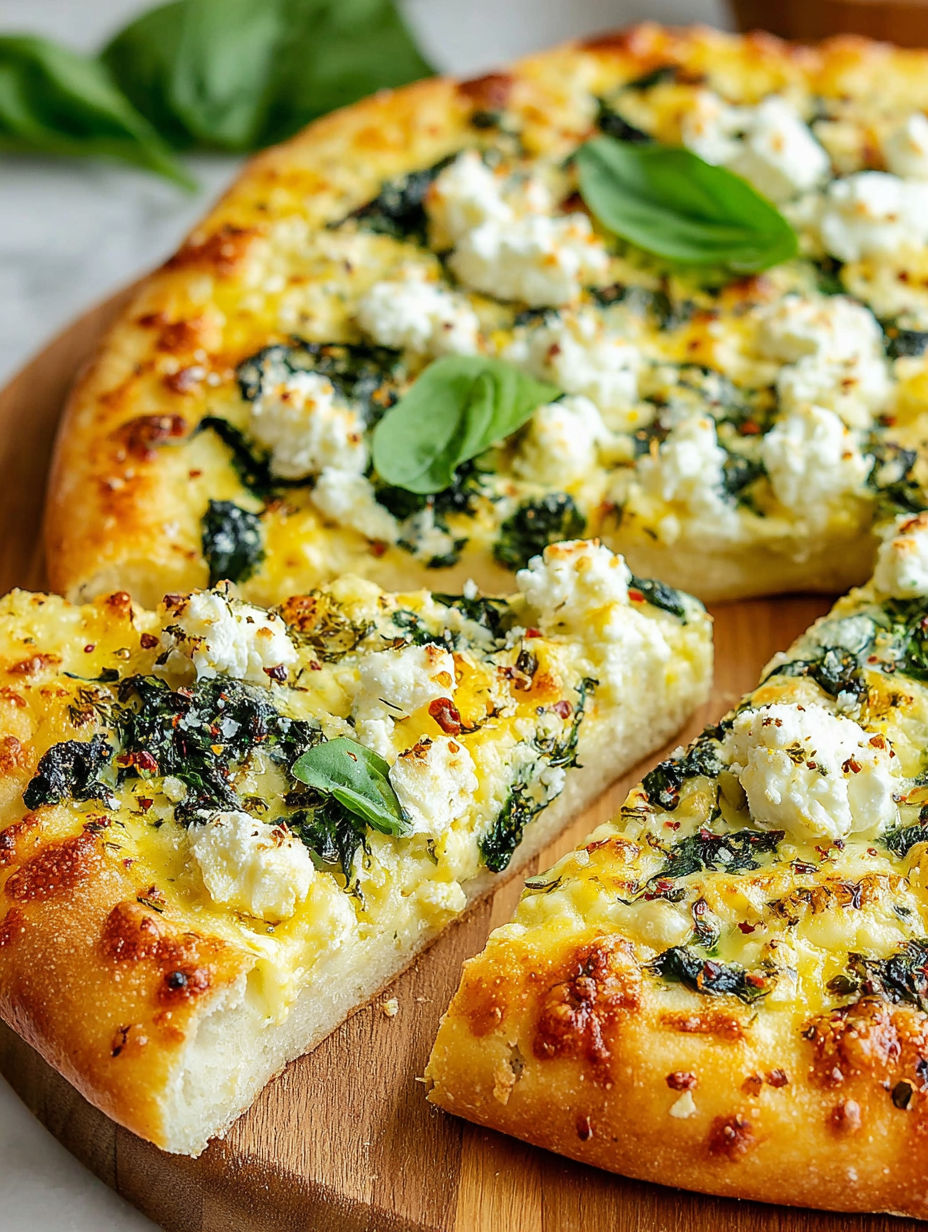 A pizza with cheese and spinach on a wooden board.