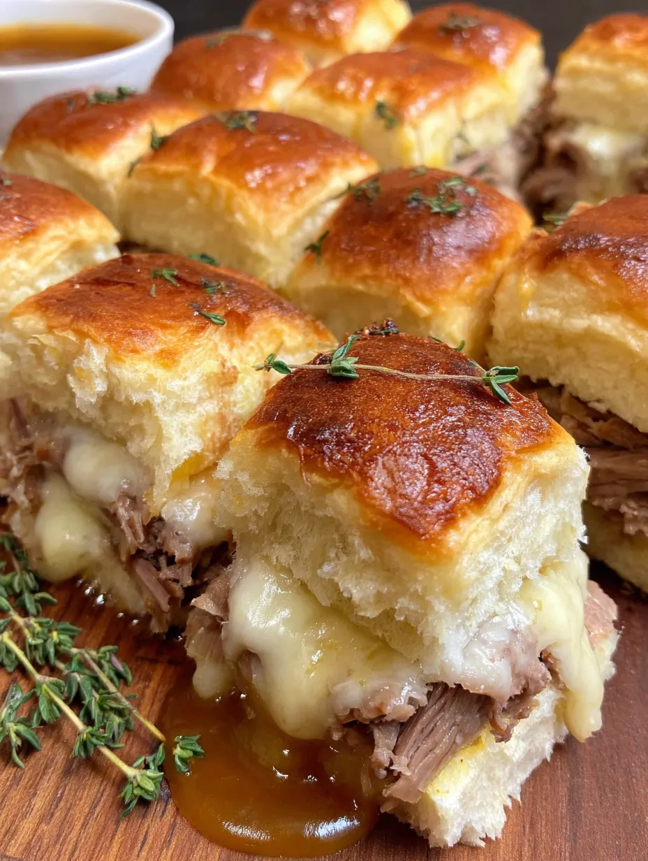 French dip sliders lined up on a rustic wood table.