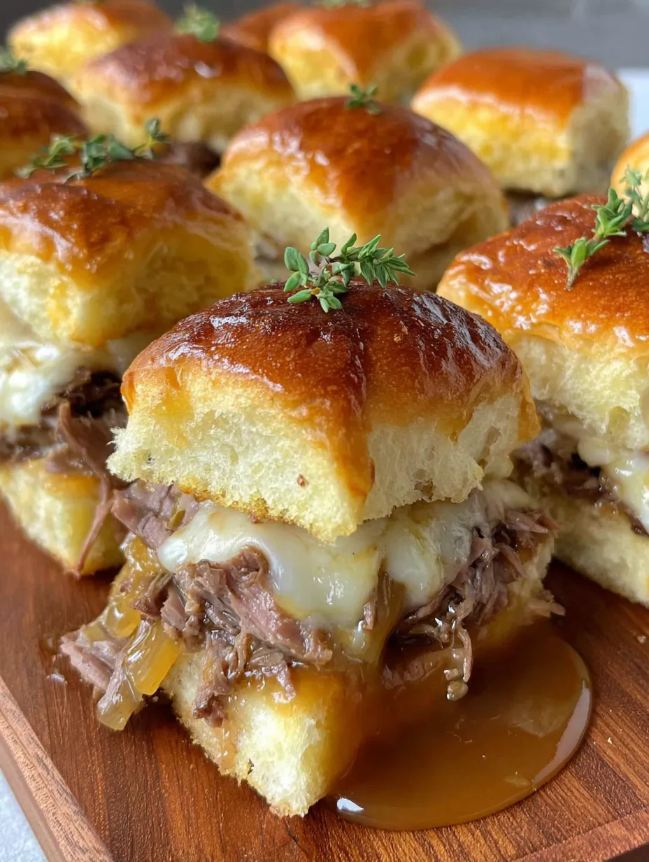 Cheesy, herb-topped French dip sliders on a wooden board.