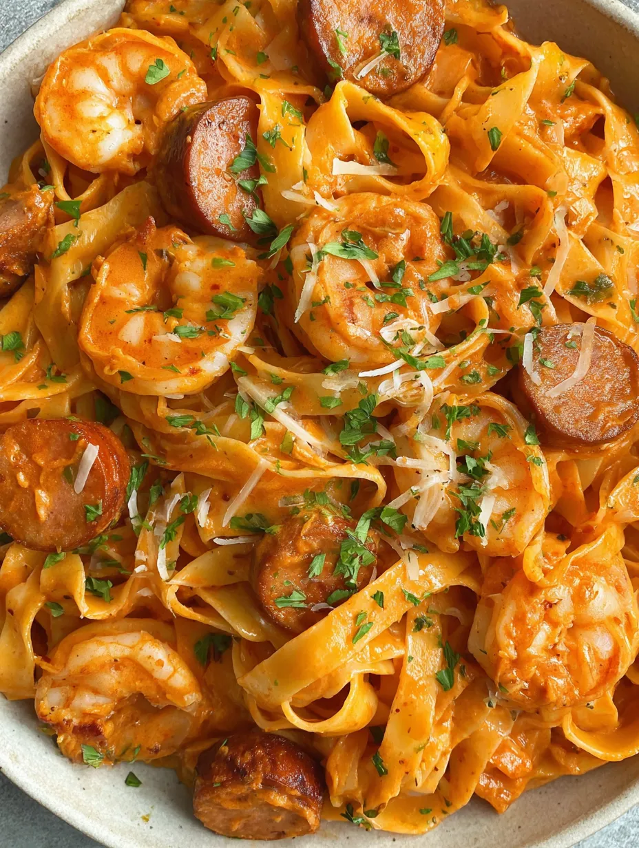 A bowl of shrimp and sausage pasta.