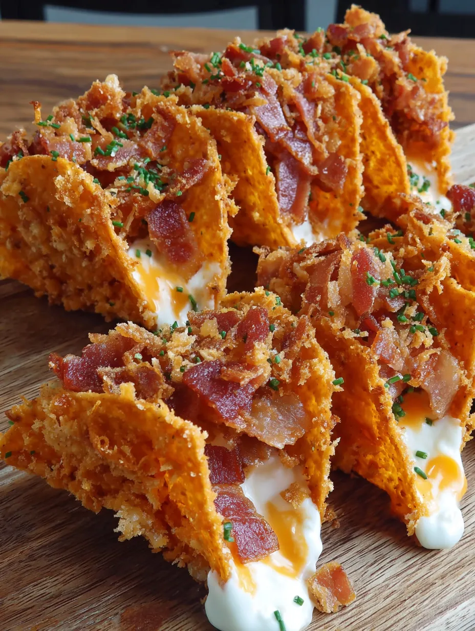 Crackly Doritos stuffed with bacon and cheese on a plate.