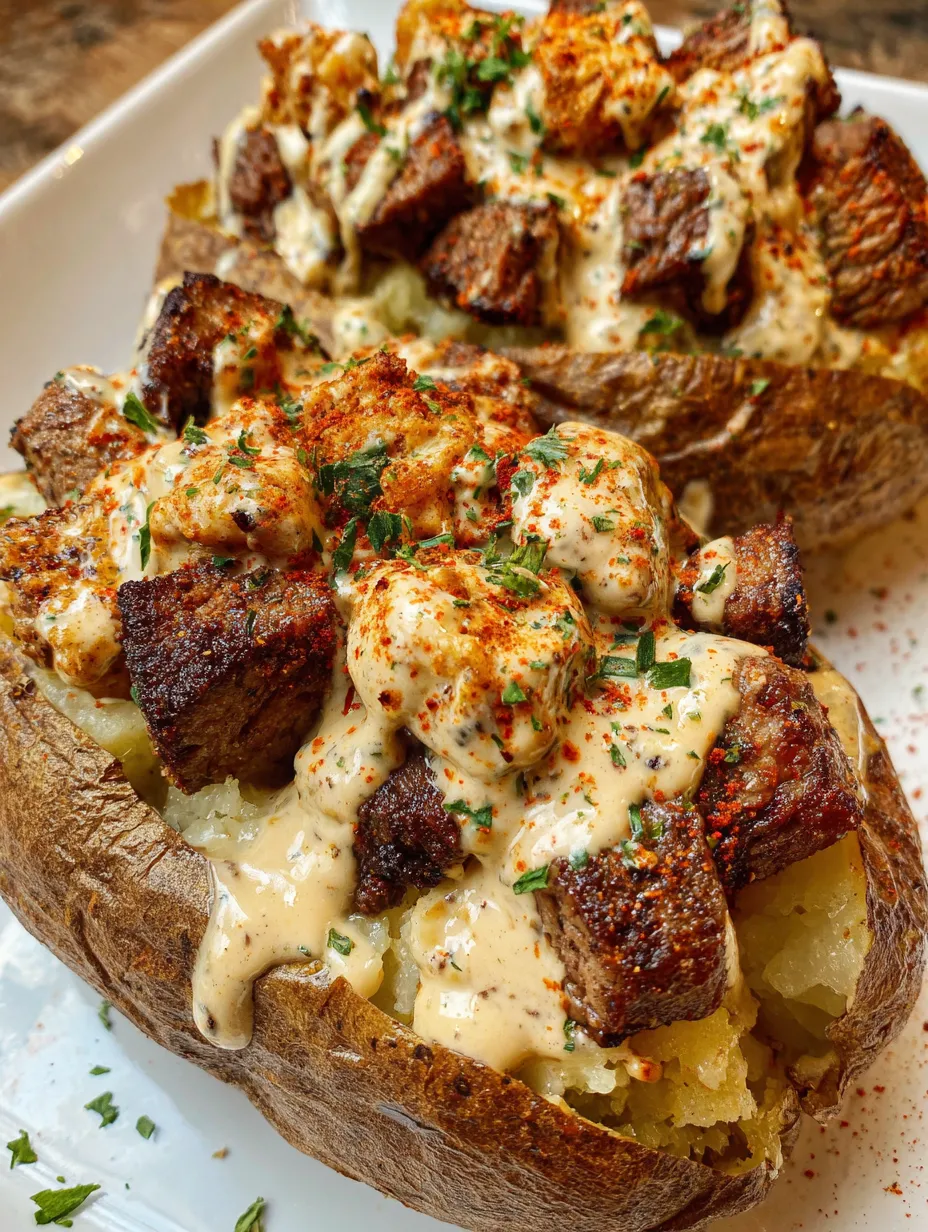 A loaded baked potato with steak bites.
