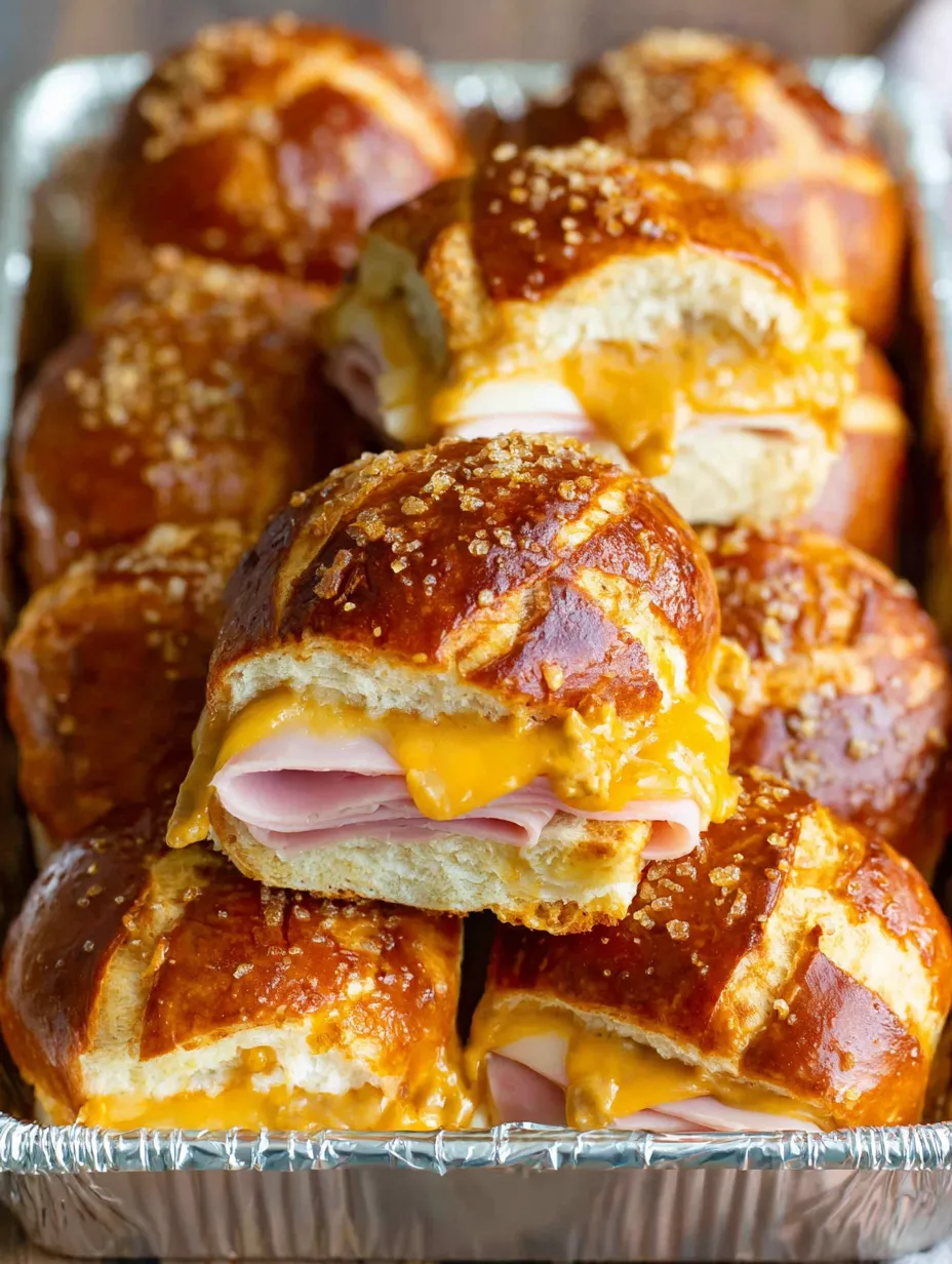Tray of sliders with ham, cheese, and pretzel buns.