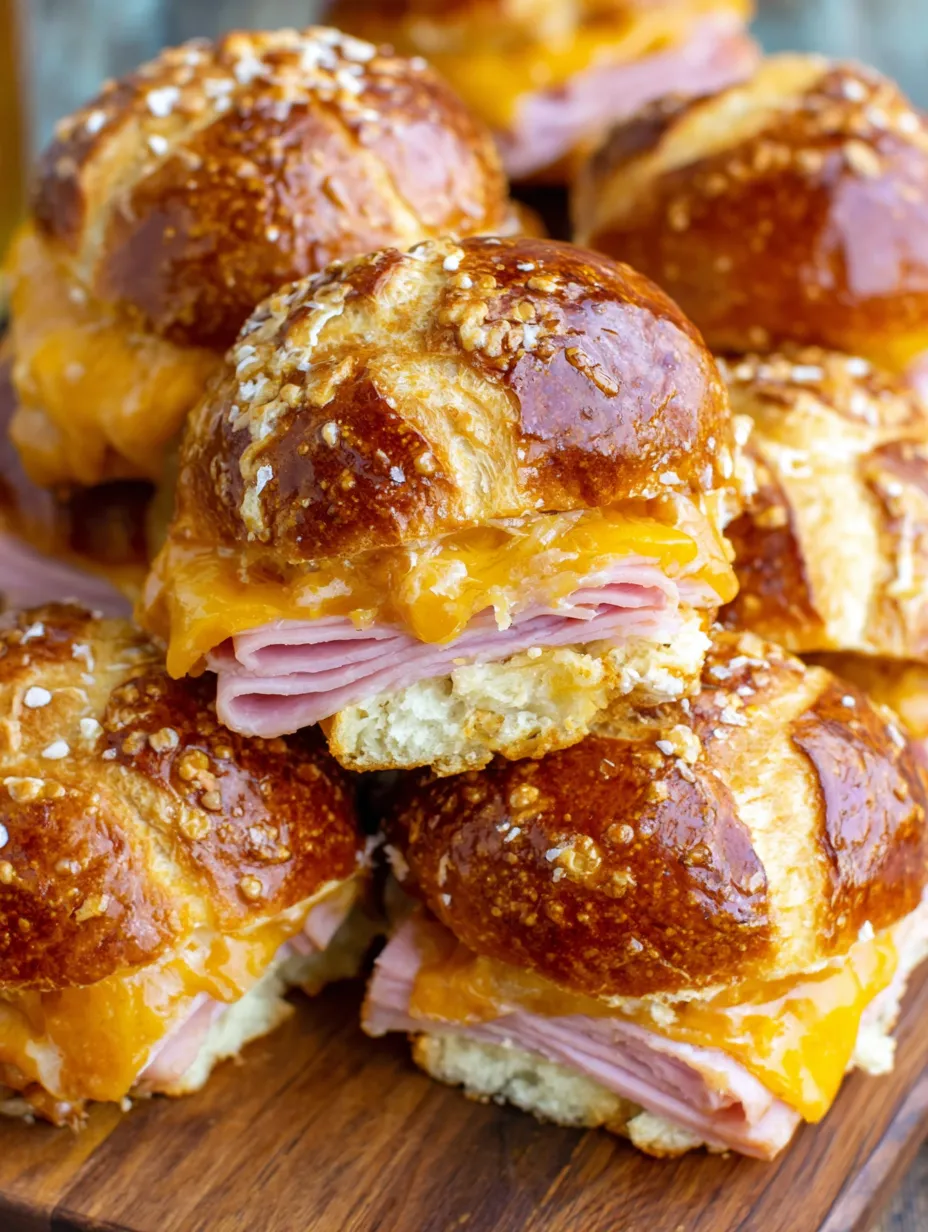 Stacked ham and cheese sliders with pretzel buns.