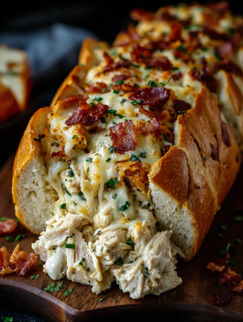 A bacon and chicken stuffed bread loaf with ranch.