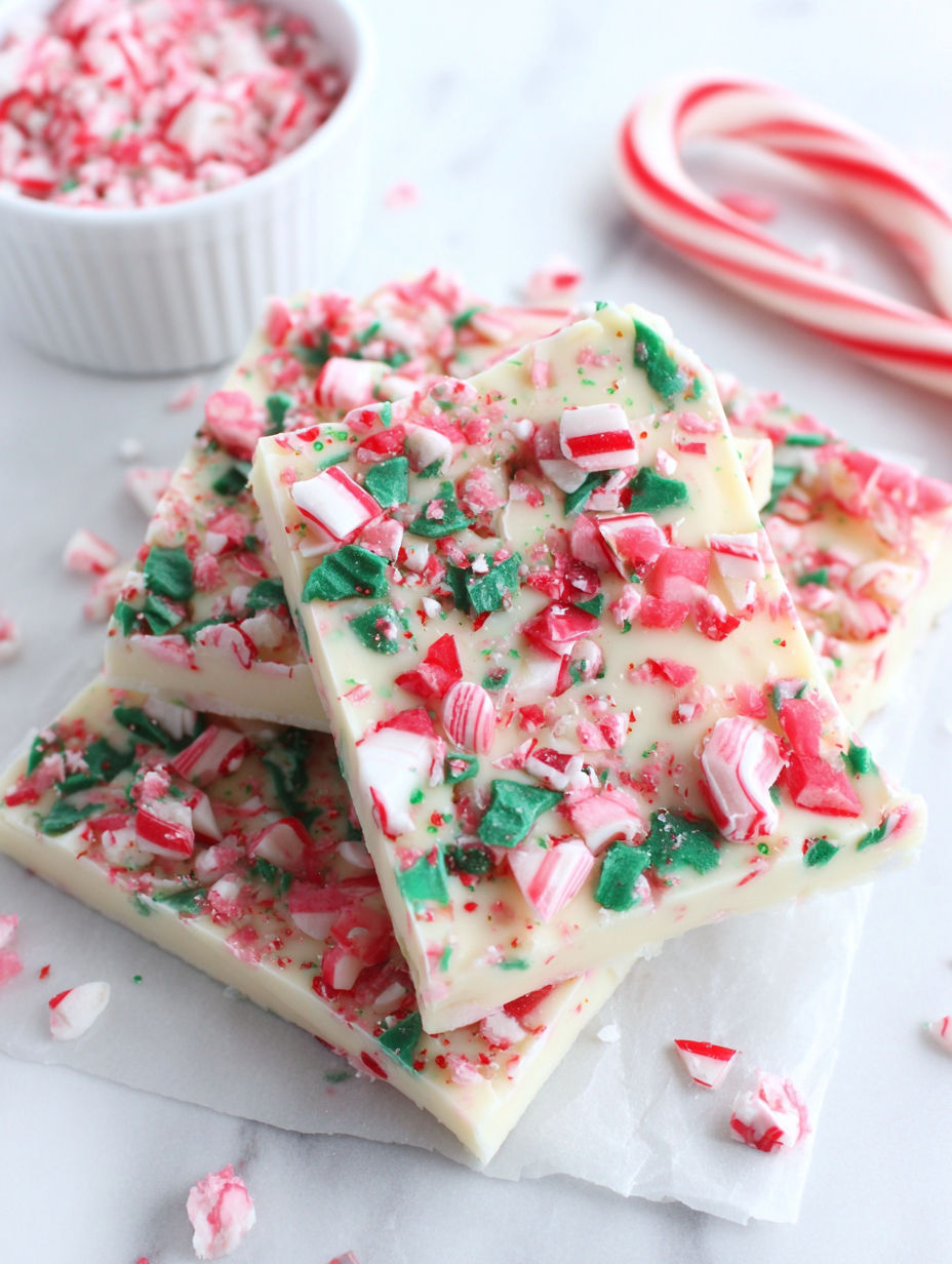 A detailed look at peppermint candy cane bark.