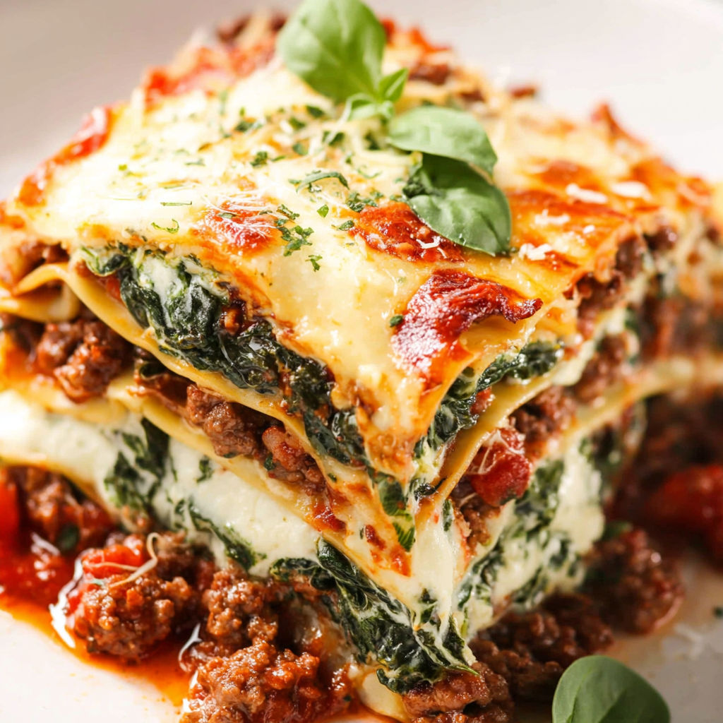 A close up of a beef lasagna with spinach and ricotta.