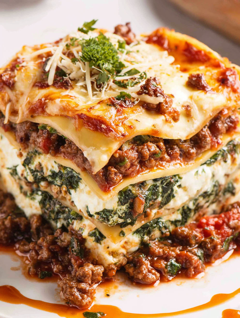 A delicious stack of lasagna topped with greens.