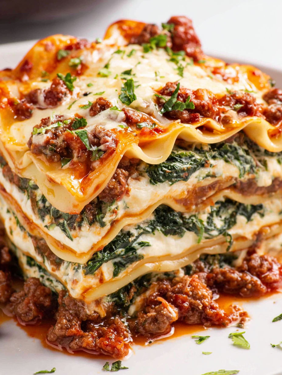Another tasty stack of lasagna with green vegetables.