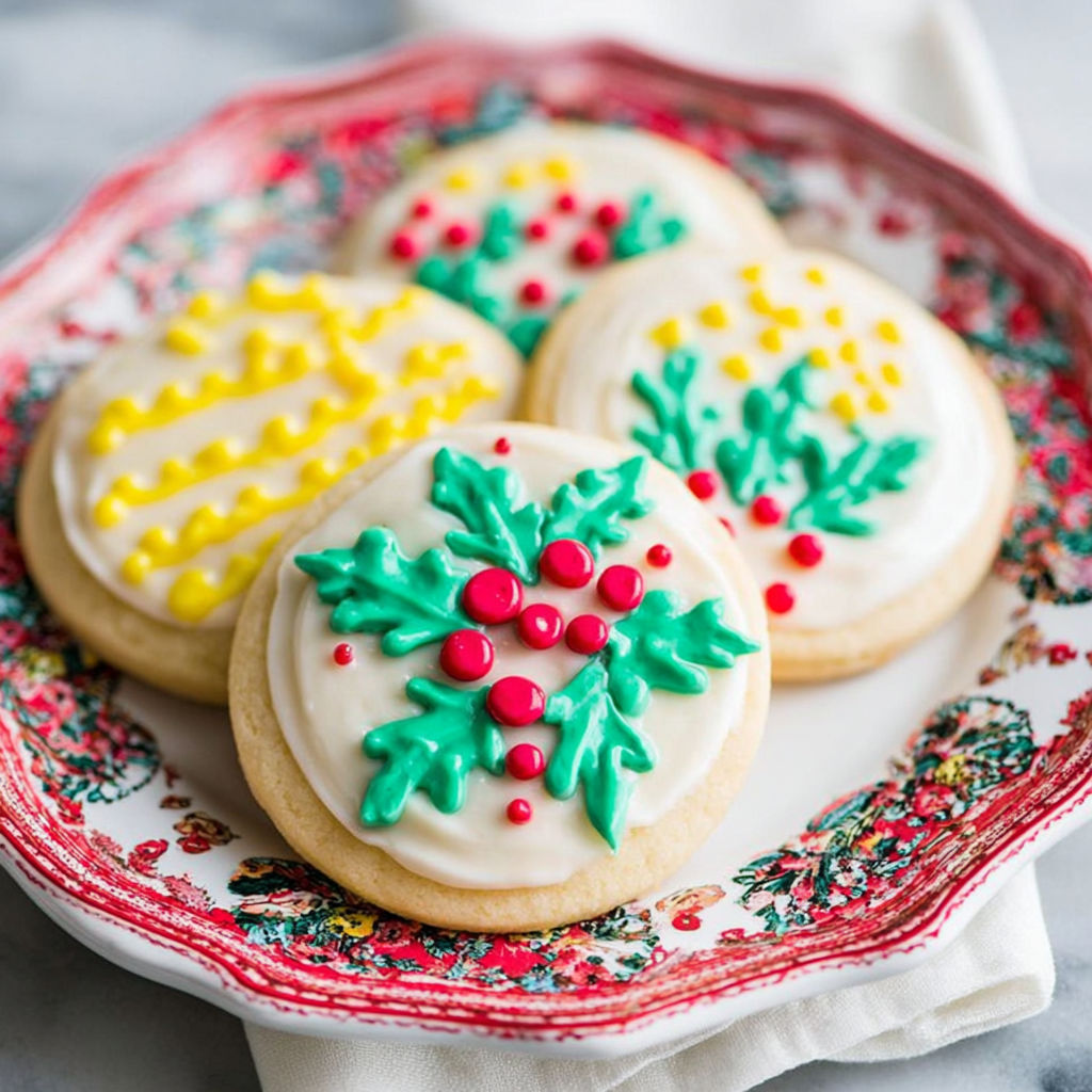 A plate of sugar cookies with green and red icing.