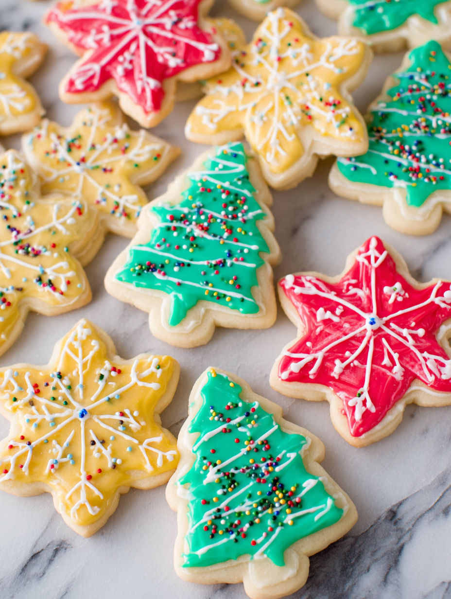A close up of a green, yellow, and red christmas tree cookie.