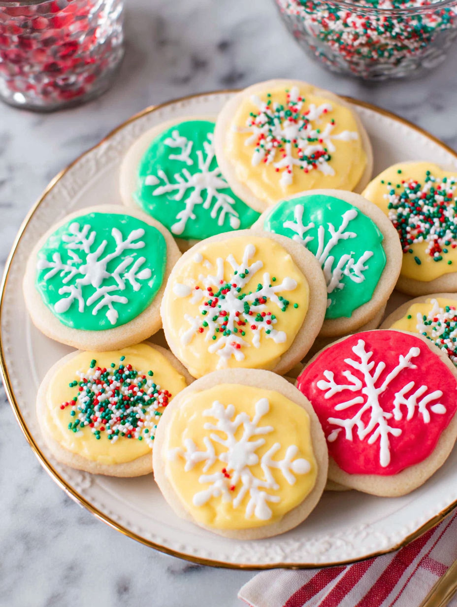 A plate of colorful cookies with white, yellow, green, red, and blue frosting.