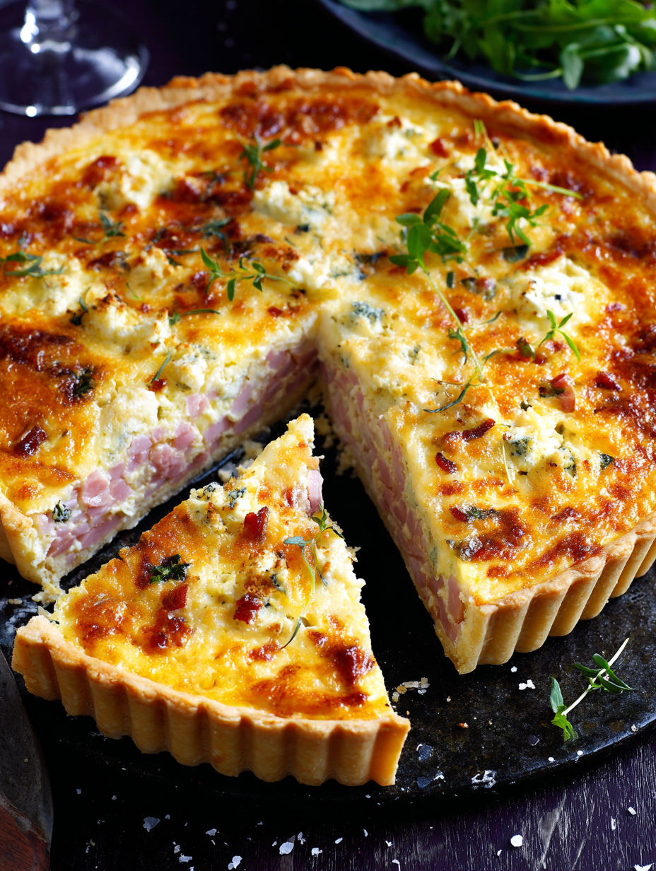 A slice of quiche with cheese and herbs.