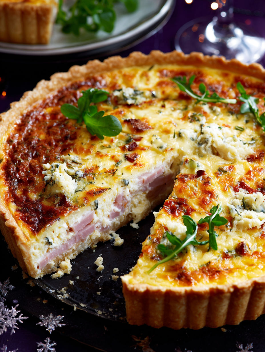 A slice of quiche with a green herb on top.