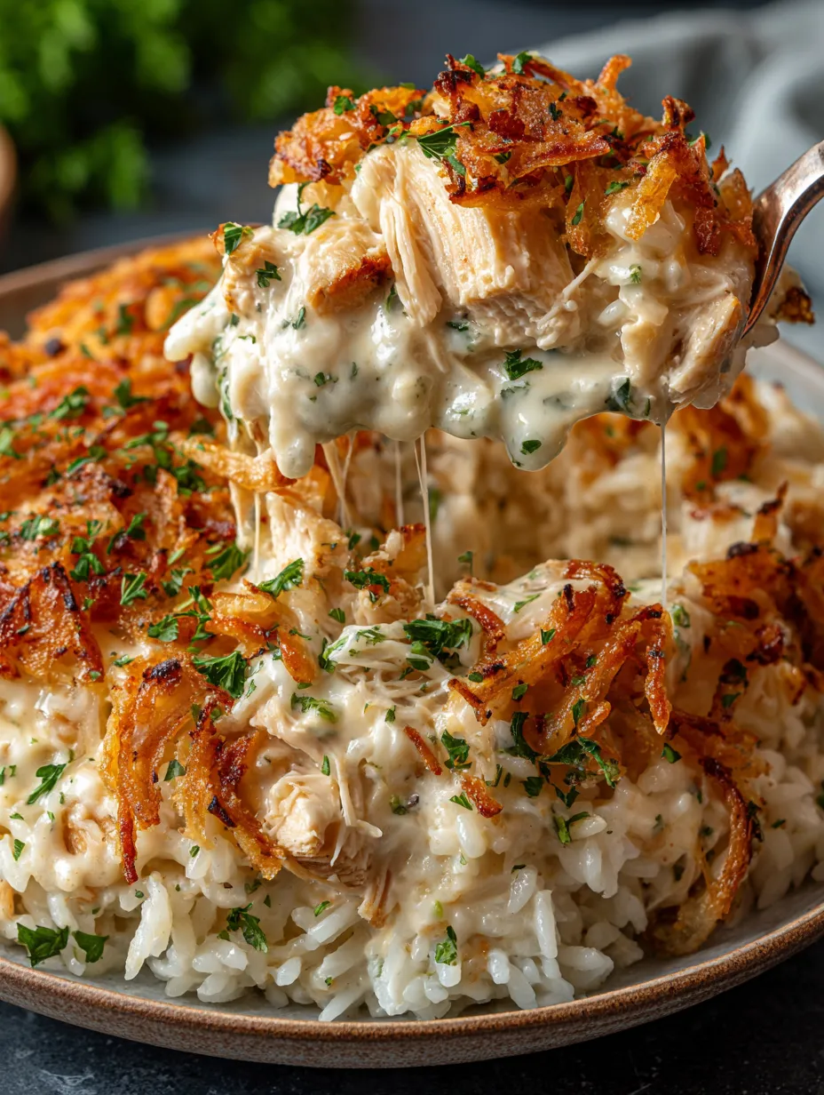 A close up showing French Onion Chicken Rice Bake fresh from the oven.