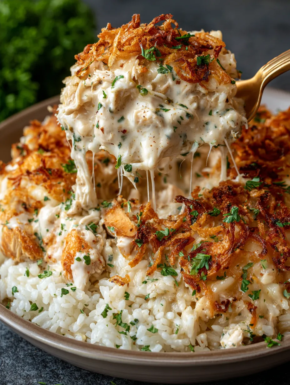 A bowl with a hearty helping of French Onion Chicken Rice Bake.