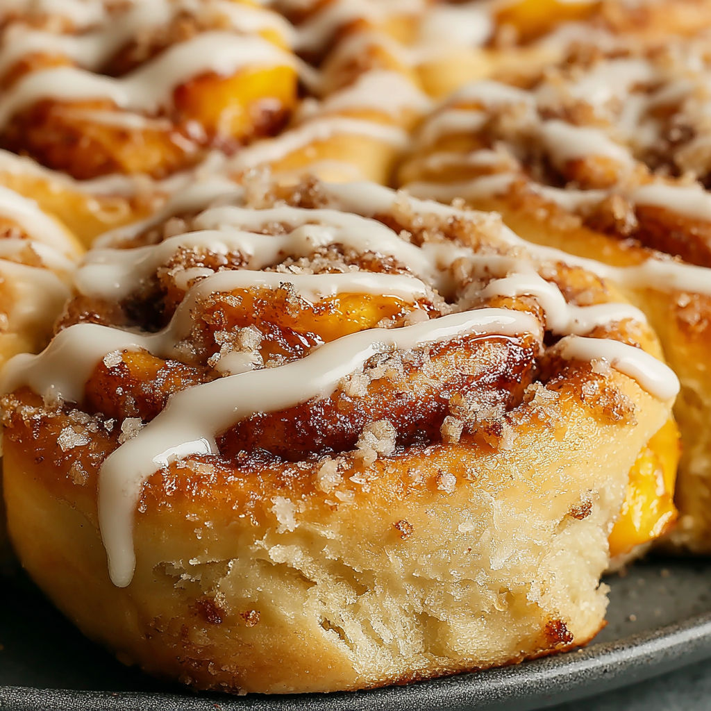 A plate of peach cobbler cinnamon rolls.