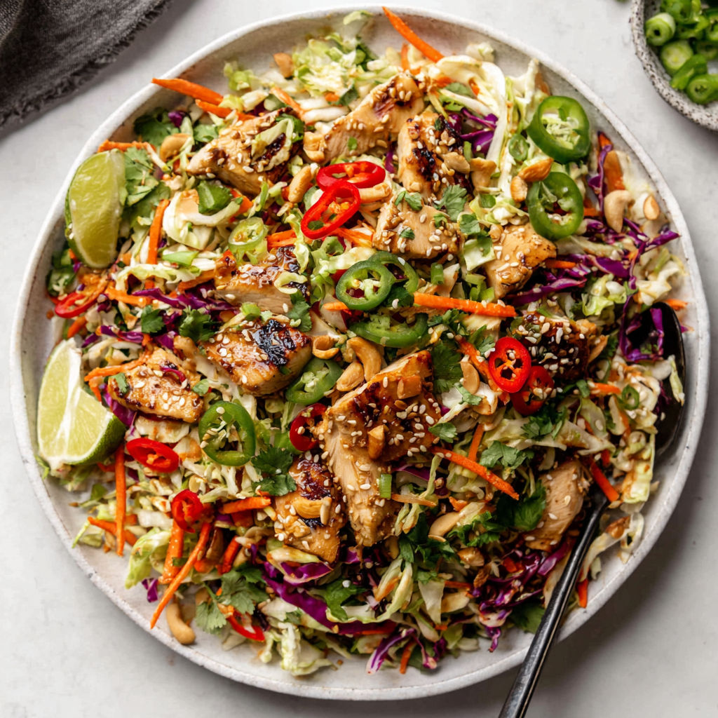 A plate of Sesame Chicken Cabbage Crunch Salad.