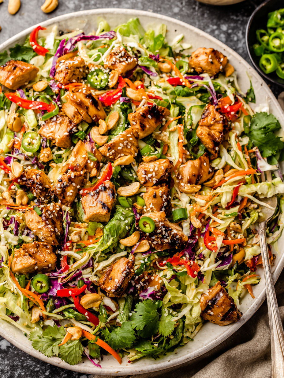 A plate of food with chicken, lettuce, and peppers.