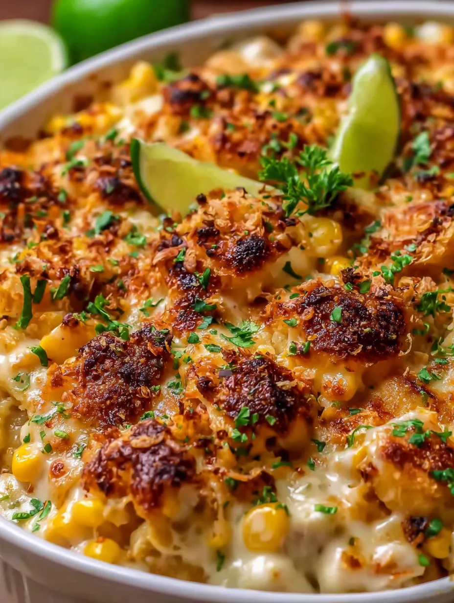 Close-up shot of cheesy corn chicken casserole with crisp topping.