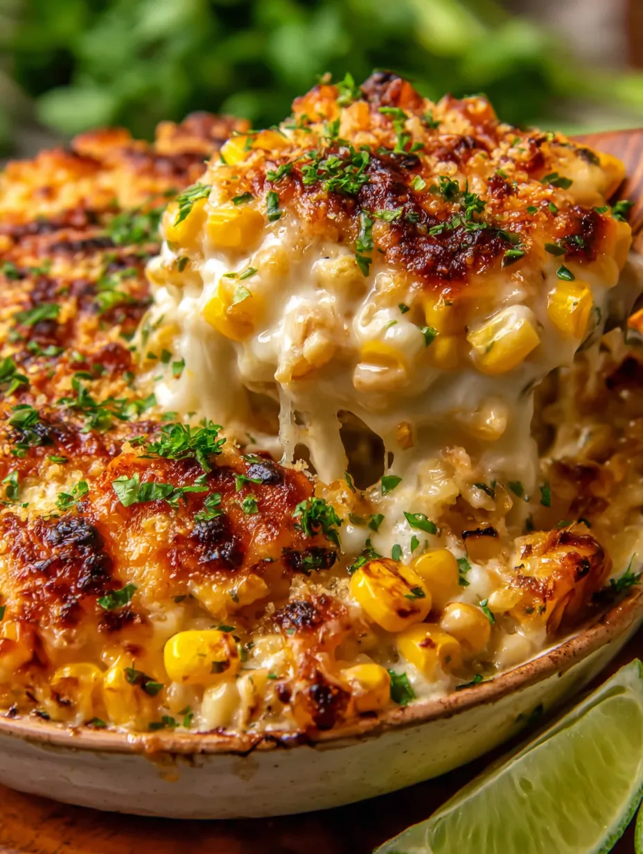 Super close look at a golden corn and chicken bake with crispy topping.
