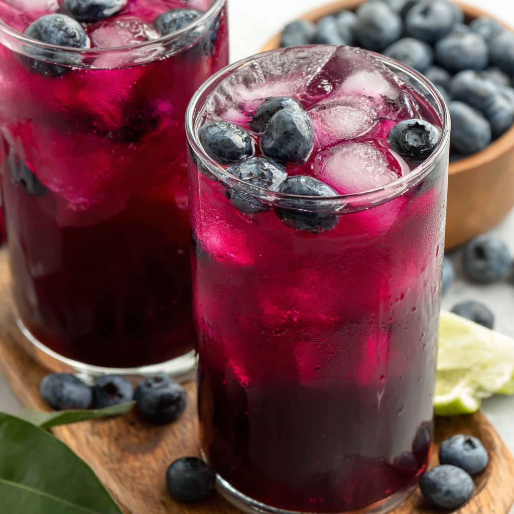 Two glasses of blueberry iced tea.