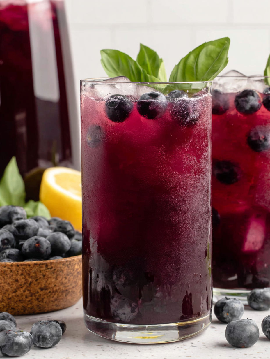 A glass of blueberry juice with a lemon wedge on the side.