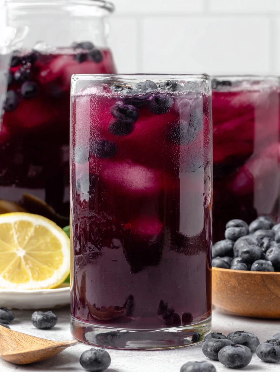 A glass of blueberry juice with a lemon wedge.