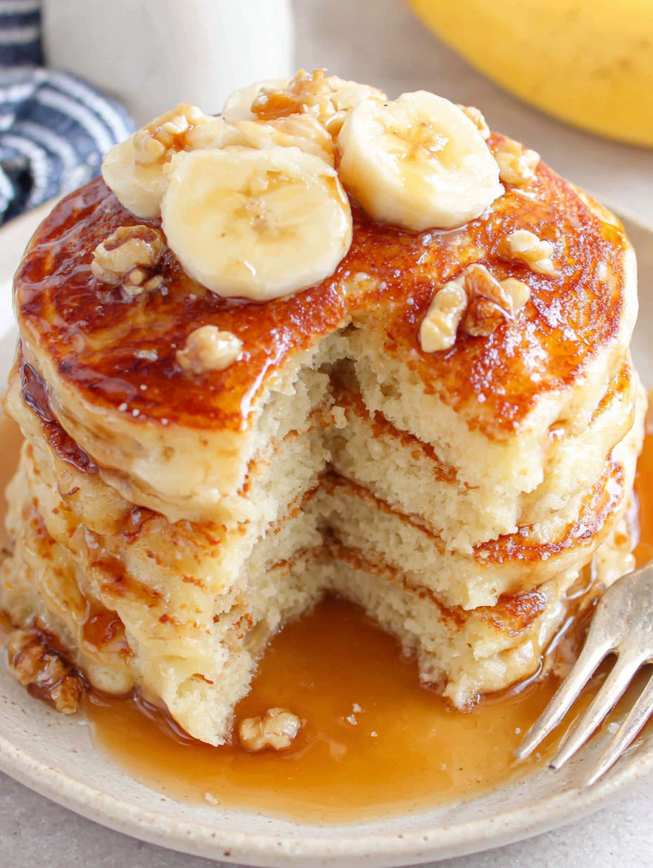 A stack of pancakes with bananas on top.