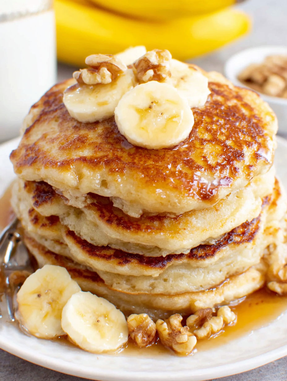 A stack of pancakes with bananas and walnuts on top.